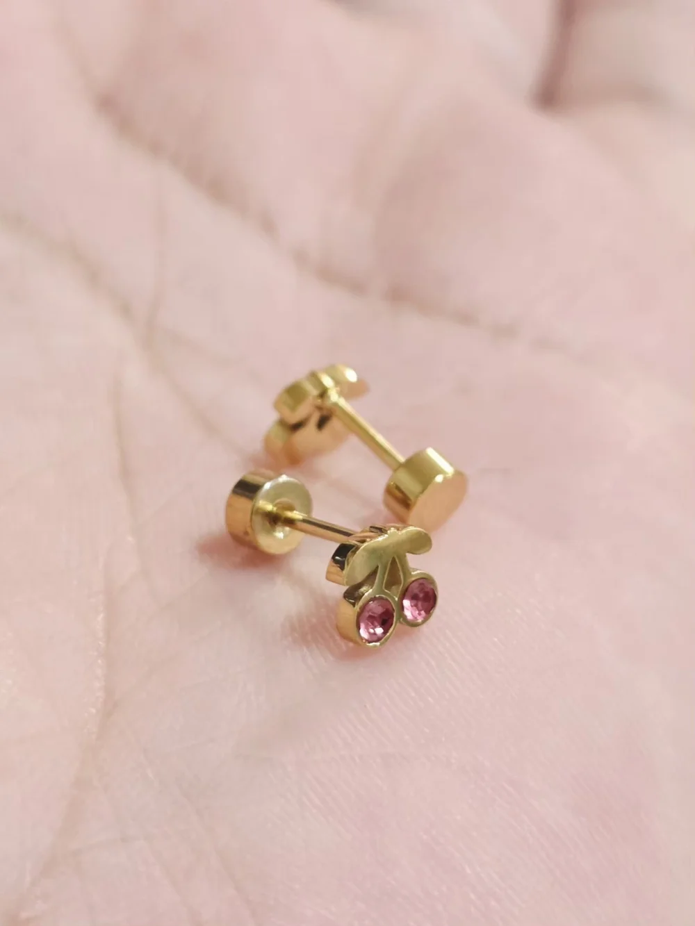 Gold Cherry Stud Earrings with Pink Crystals - Kids Accessories